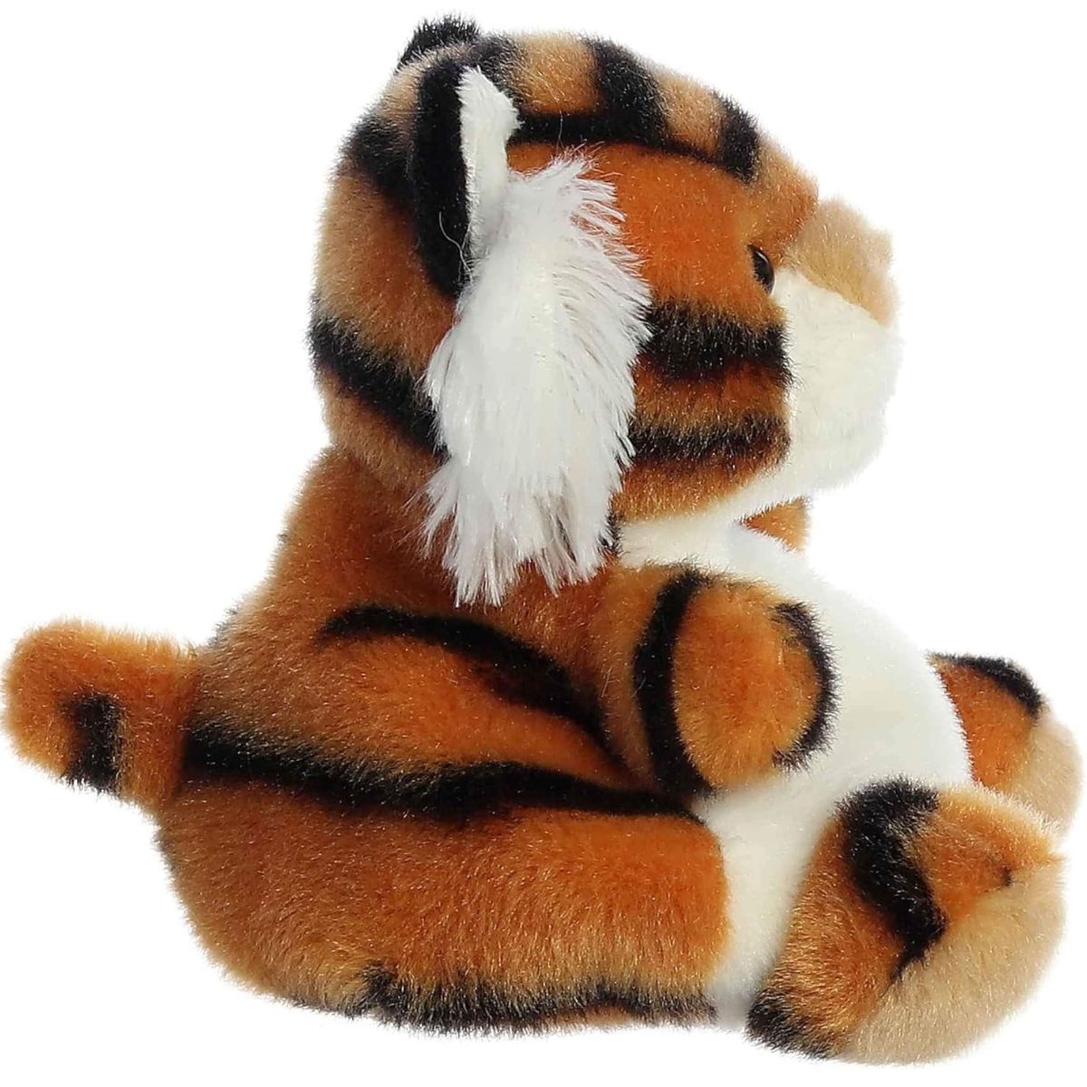 Side profile of the Aurora Palm Pals Indy Tiger plush highlighting its striped pattern and little tail.
