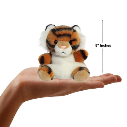 Dimension graphic showing the 5-inch Aurora Palm Pals Indy Tiger resting comfortably in a person's hand.