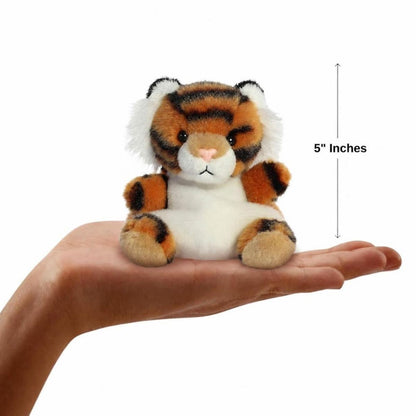 Dimension graphic showing the 5-inch Aurora Palm Pals Indy Tiger resting comfortably in a person's hand.