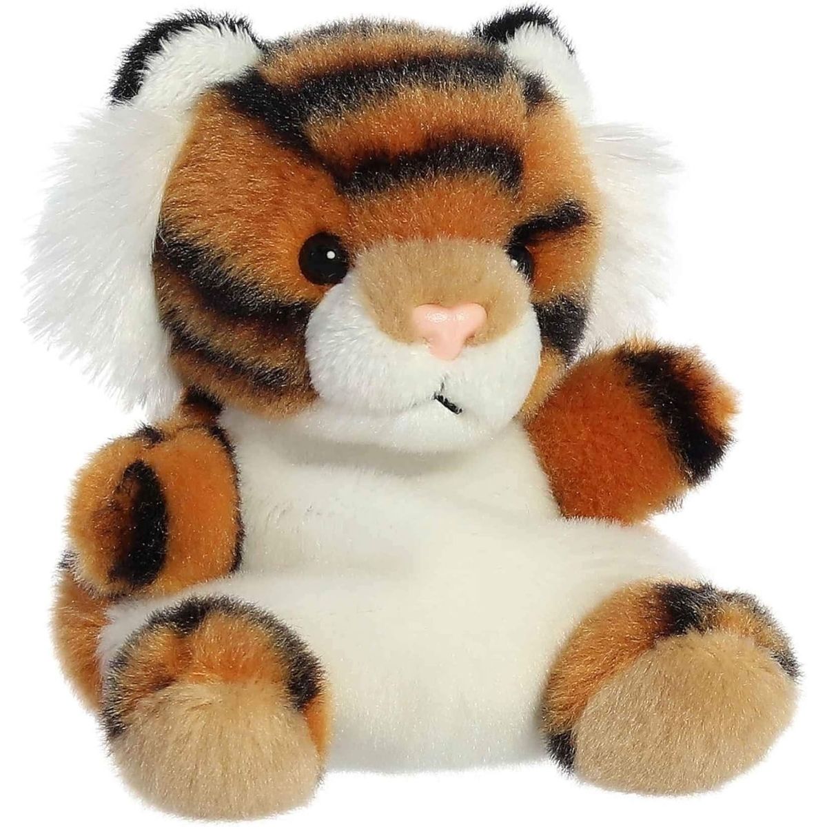 Angled front view of the 5-inch Aurora Palm Pals Indy Tiger orange and black striped plush toy.