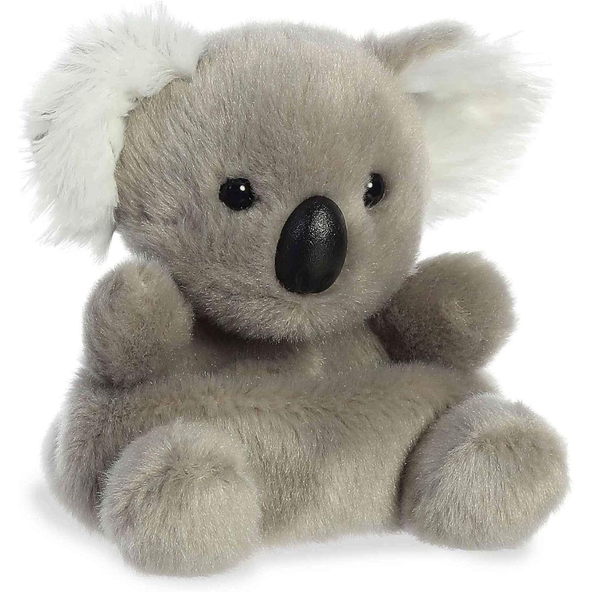 Angled front view of the 5-inch Aurora Palm Pals Wiggles Koala plush featuring grey fur, fluffy white ears, and a large black nose.