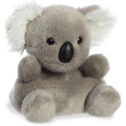 Angled front view of the 5-inch Aurora Palm Pals Wiggles Koala plush featuring grey fur, fluffy white ears, and a large black nose.