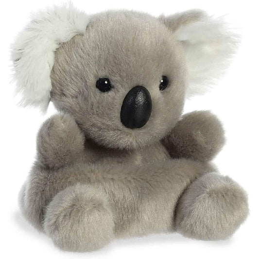 Angled front view of the 5-inch Aurora Palm Pals Wiggles Koala plush featuring grey fur, fluffy white ears, and a large black nose.