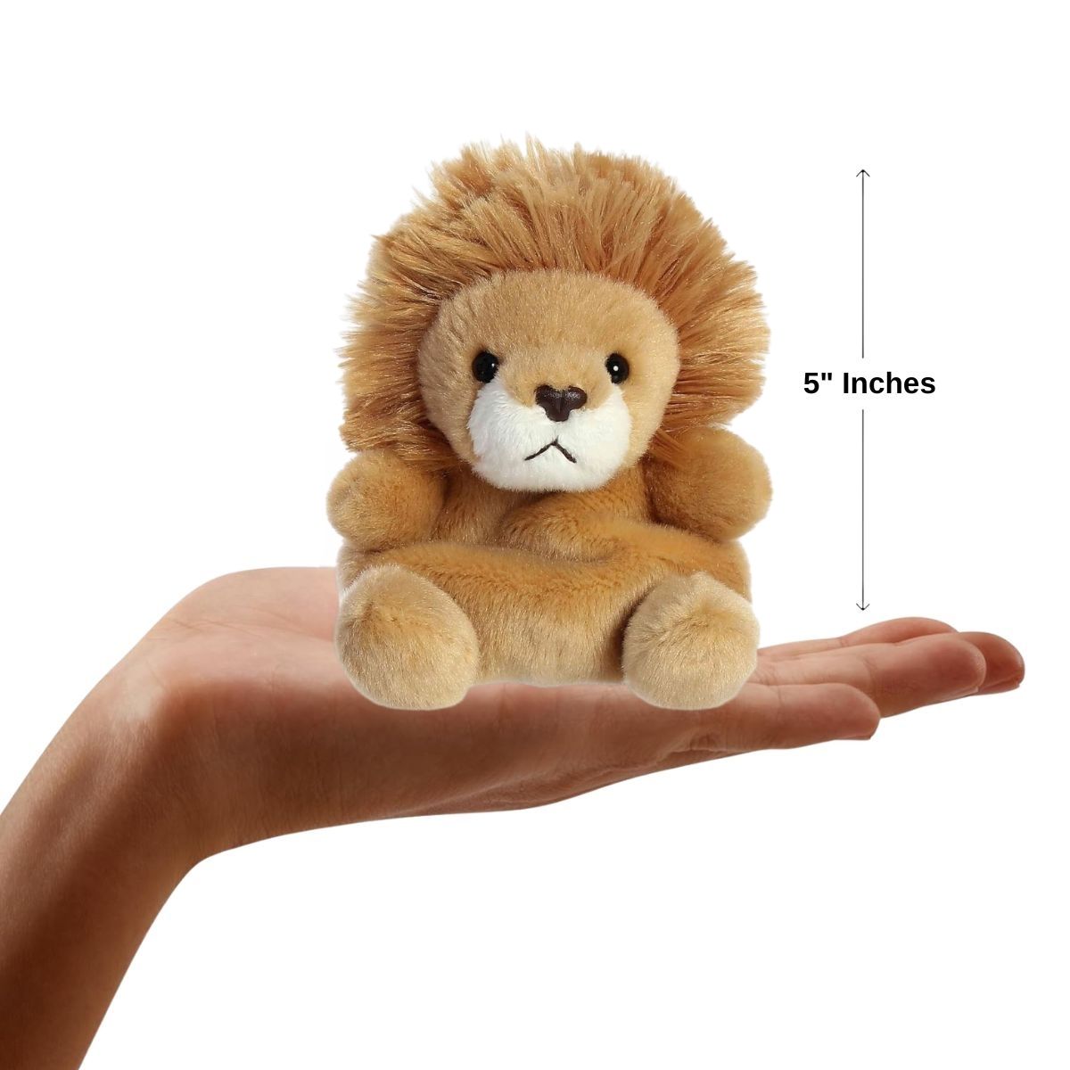 Dimension graphic showing the 5-inch Aurora Palm Pals Leno Lion resting comfortably in a person's hand.