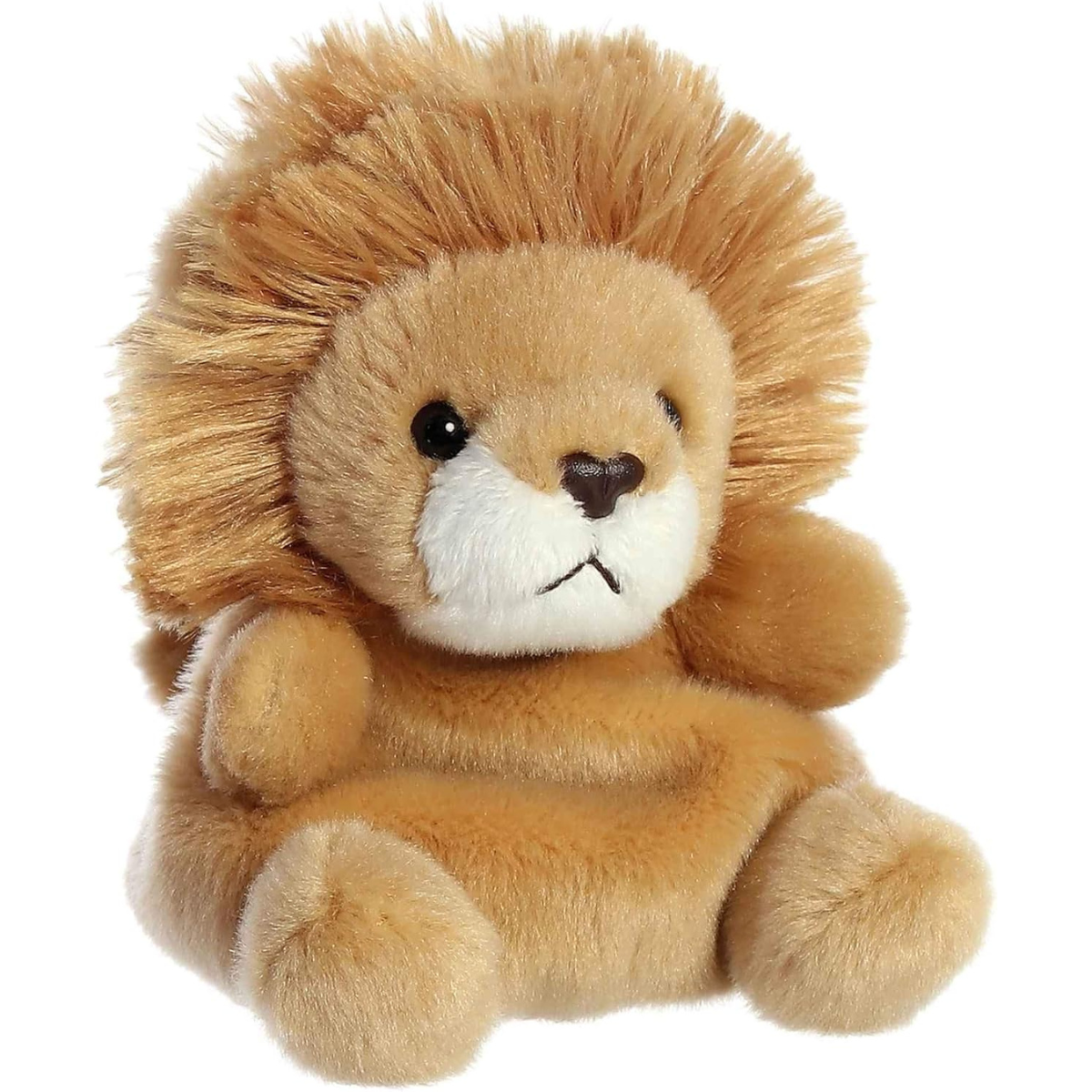 Angled front view of the 5-inch Aurora Palm Pals Leno Lion brown plush toy with a fluffy mane.