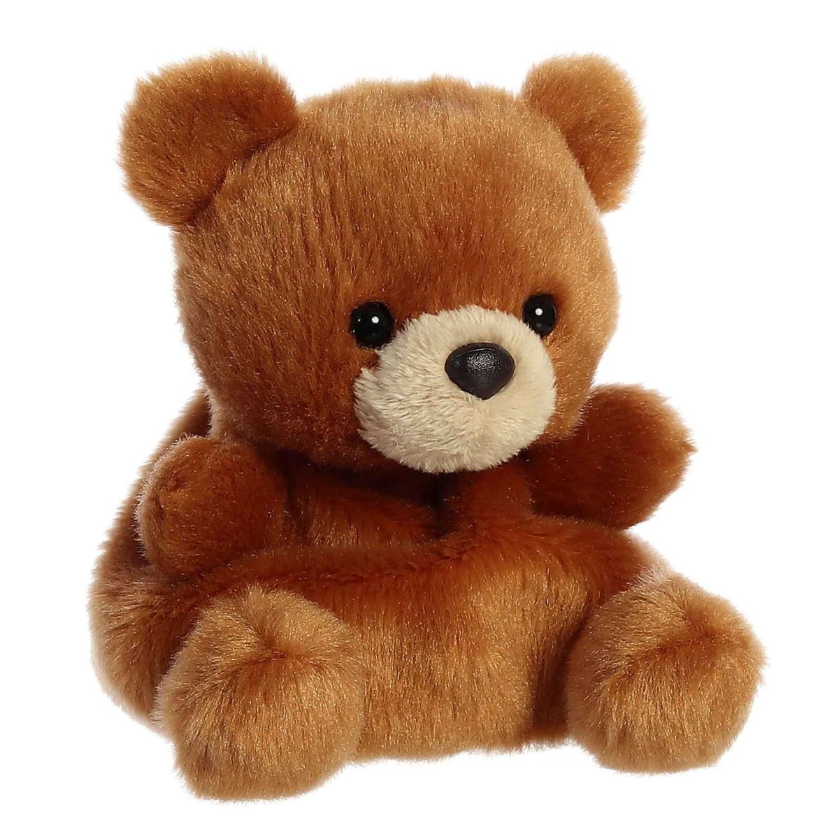 Aurora 5-inch Palm Pals Artie Bear plush toy sitting at an angle showing its warm chestnut brown fur, rounded teddy ears, and contrasting cream muzzle.