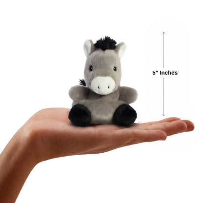 The miniature Eli Donkey plush sitting balanced in an open human hand under a 5-inch height graphic indicator.