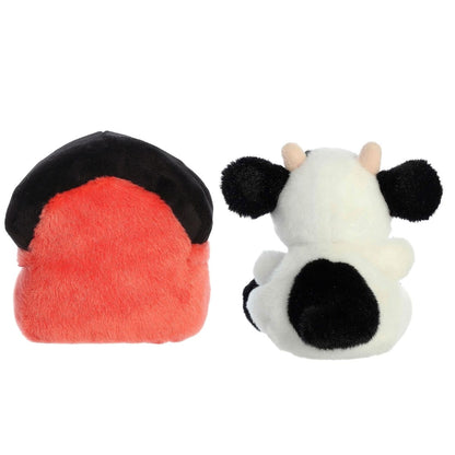 Back view of the soft Palm Pals barn and cow stuffed animals showing their round design.