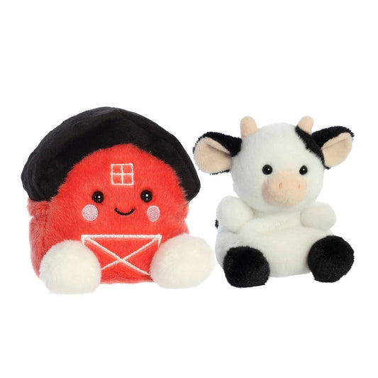 Front view of the 5-inch Aurora Palm Pals Barn Duo set featuring Sweetie Cow and Oakley Barn sitting together.