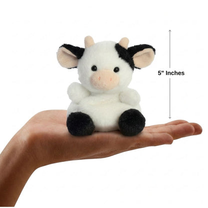 Dimension graphic showing the 5-inch Aurora Palm Pals Sweetie Cow resting comfortably in a person's hand.