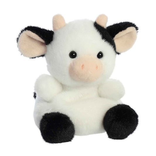Angled front view of the 5-inch Aurora Palm Pals Sweetie Cow black and white plush toy.