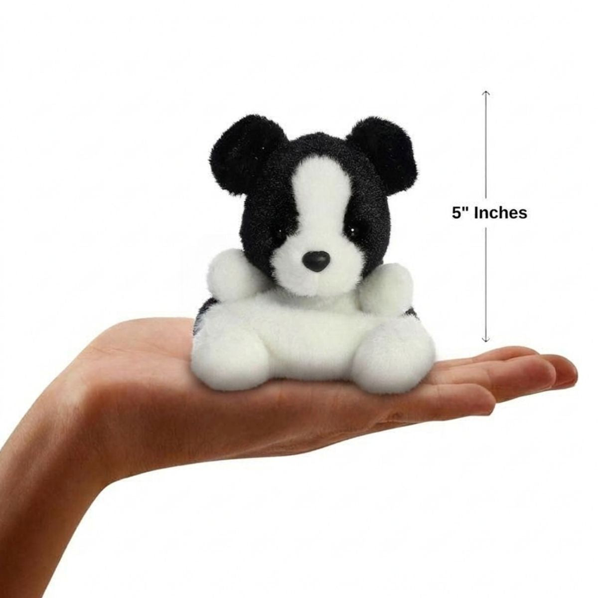 Sizing graphic for the Aurora Palm Pals Brody Collie plush showing it sitting perfectly in the palm of a hand, indicating a total height of 5 inches.