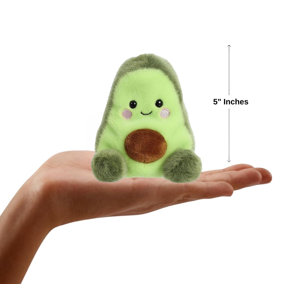 Sizing graphic for the Aurora Palm Pals Airy Avocado plush showing it sitting perfectly in the palm of a hand, indicating a total height of 5 inches.
