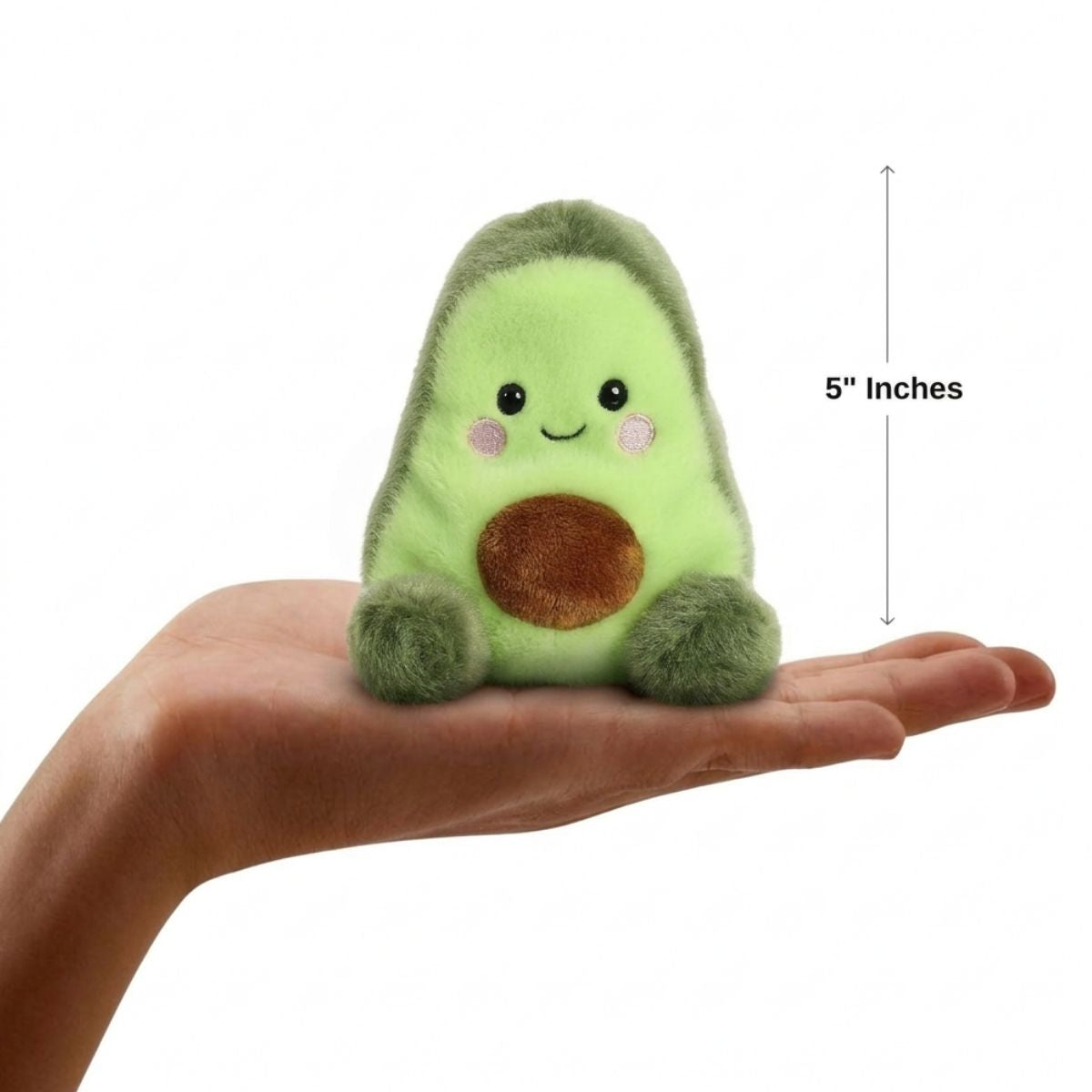 Sizing graphic for the Aurora Palm Pals Airy Avocado plush showing it sitting perfectly in the palm of a hand, indicating a total height of 5 inches.