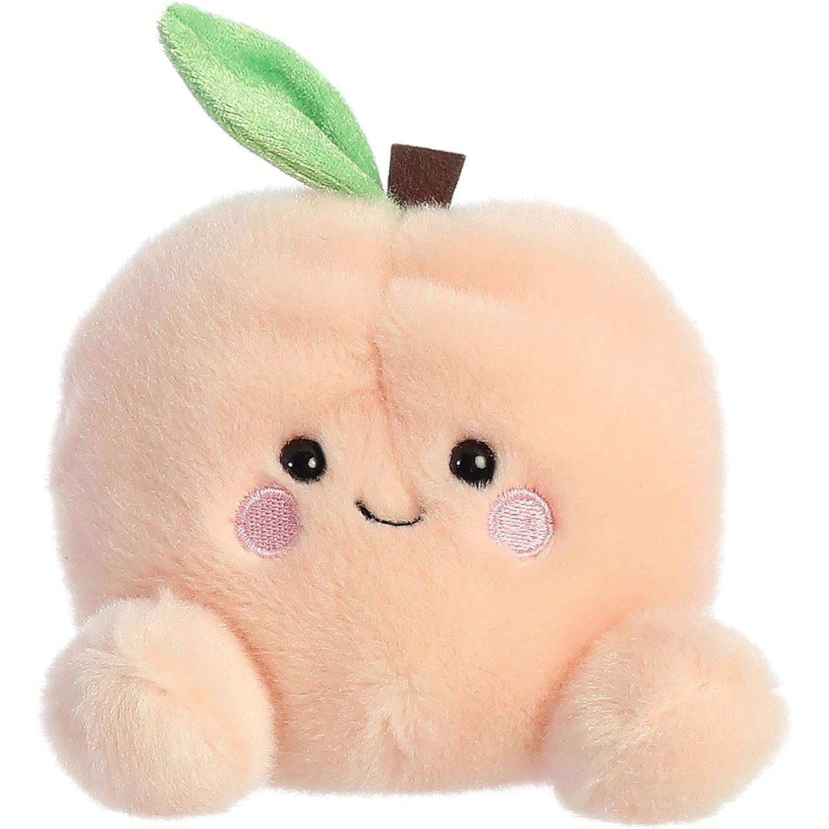 Front view thumbnail of the cute Mellow Peach plush sitting straight, highlighting its symmetrical tiny peach-colored feet, pink cheeks, and happy embroidered smile.