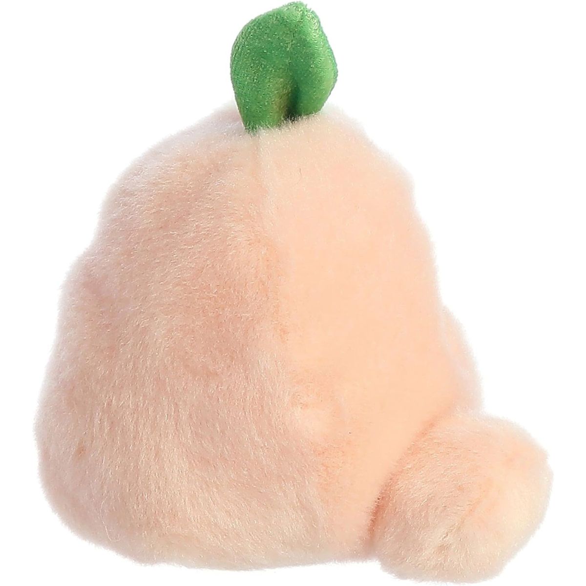 Side profile thumbnail of the mini peach plush showcasing its rounded depth, top stem angle, and soft seated posture.
