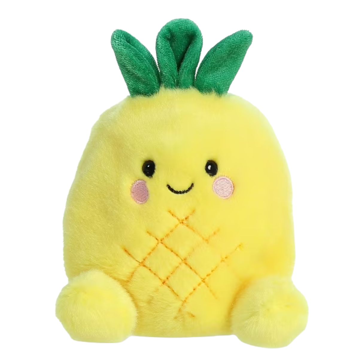 Straight front view of the Perky Pineapple plush sitting upright, showing its friendly expression and pink blushing cheeks.