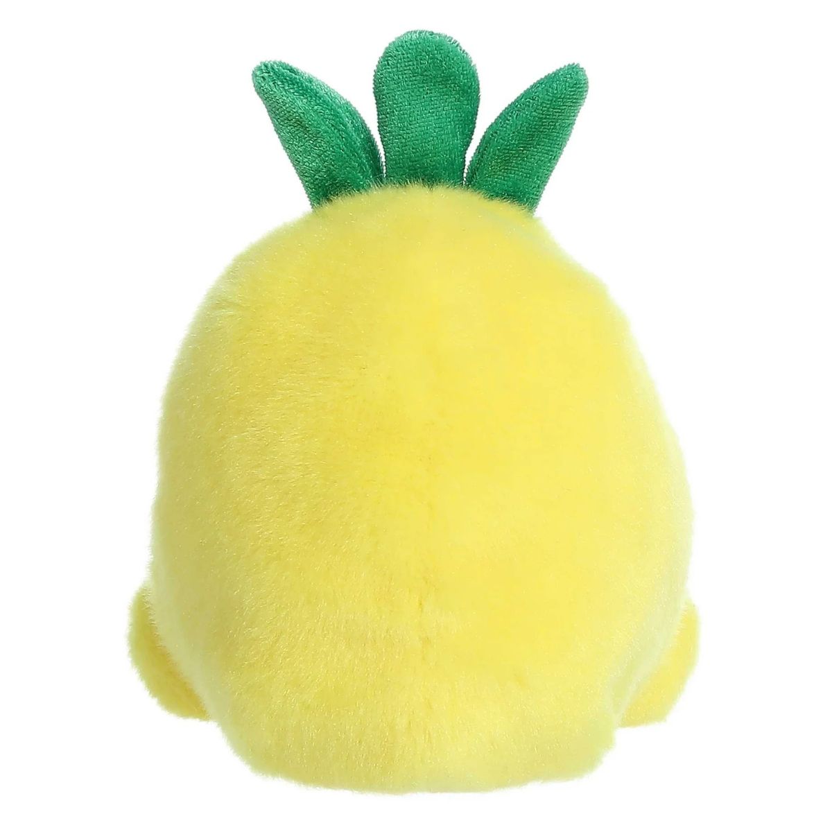 Back view of the Aurora pineapple plush showcasing its bright yellow plush back and green crown.