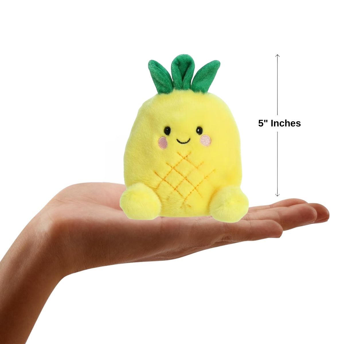 Sizing graphic showing the 5-inch Palm Pals Perky Pineapple sitting perfectly in the palm of a person's hand to demonstrate its miniature scale.