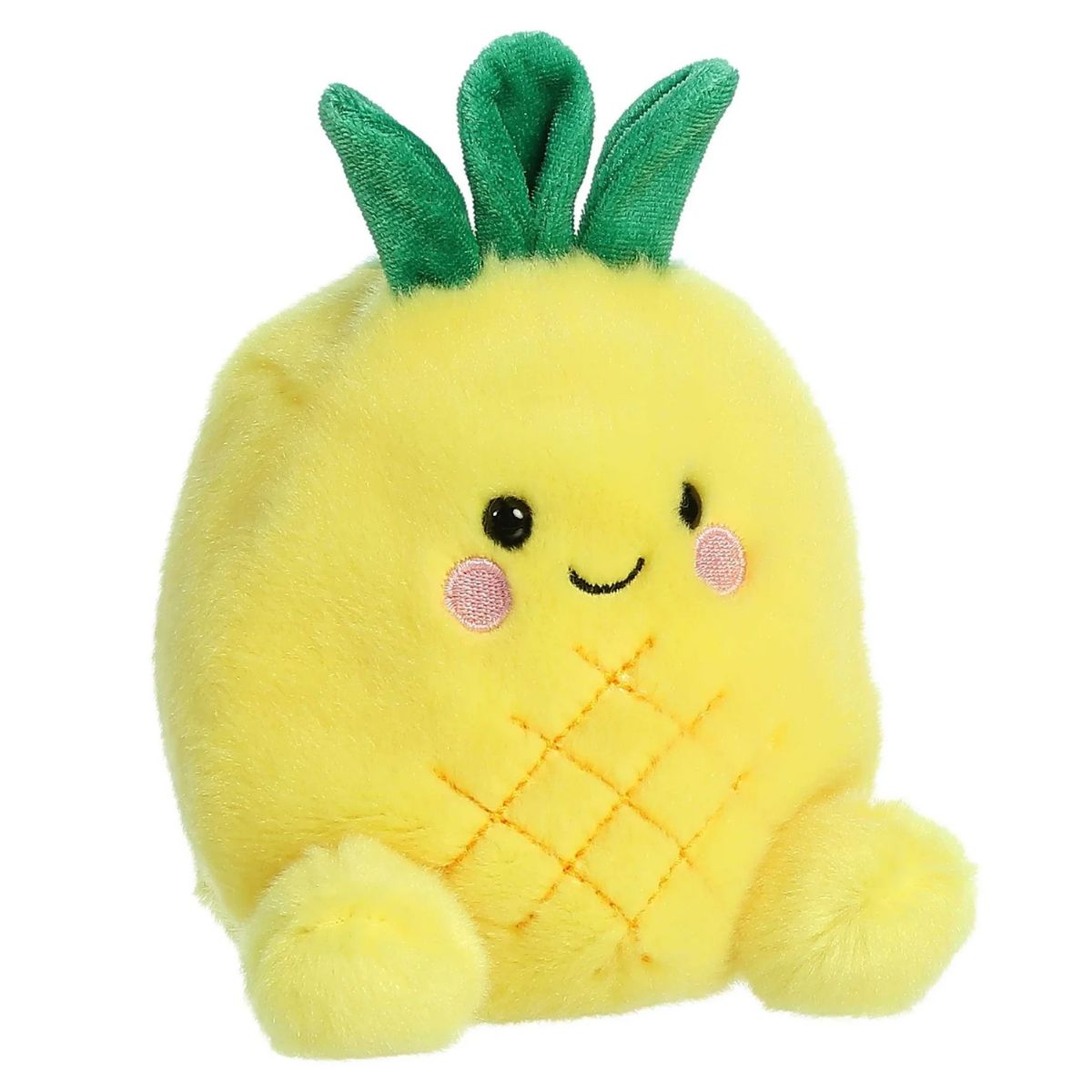 Front view of the 5-inch Aurora Palm Pals Perky Pineapple plush featuring bright yellow fabric, green leaves on top, and a sweet smiling face.