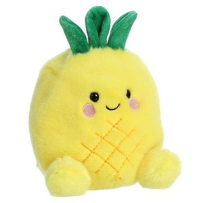 Front view of the 5-inch Aurora Palm Pals Perky Pineapple plush featuring bright yellow fabric, green leaves on top, and a sweet smiling face.