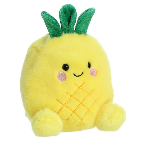 Front view of the 5-inch Aurora Palm Pals Perky Pineapple plush featuring bright yellow fabric, green leaves on top, and a sweet smiling face.