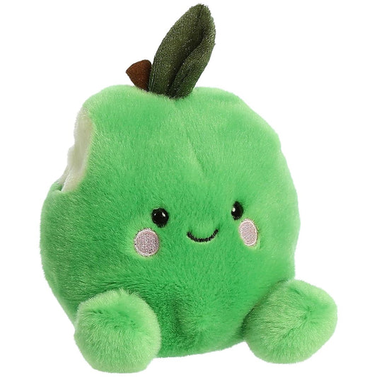 Aurora 5-inch Palm Pals Jolly Green Apple plush toy showing its bright green body, cream bite mark detail, brown stem, green leaf, and cute green plush feet.