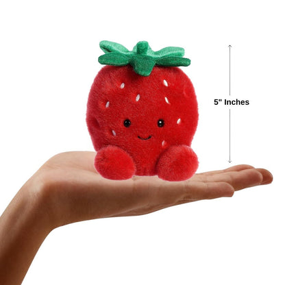 Dimension graphic showing the 5-inch Aurora Palm Pals Juicy Strawberry resting comfortably in a person's hand.