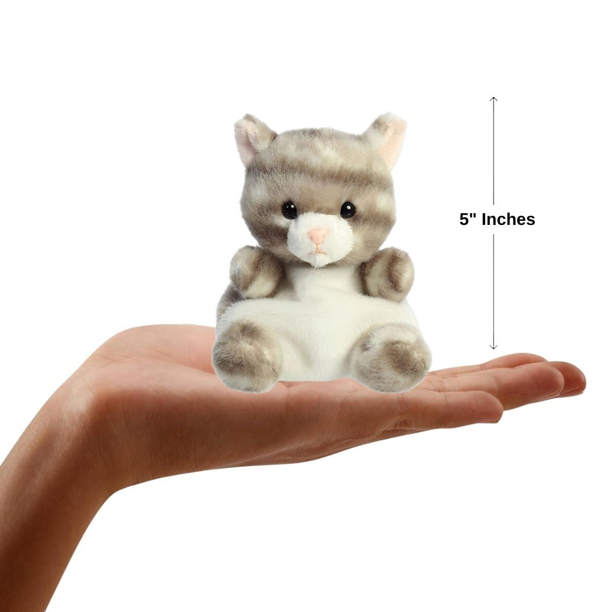 The miniature Silver Kitty plush balanced in an open human hand under a 5-inch height graphic indicator.
