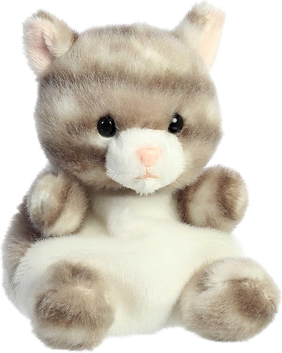 Aurora 5-inch Palm Pals Silver Kitty plush toy sitting forward showing its gray tabby stripes and white belly.