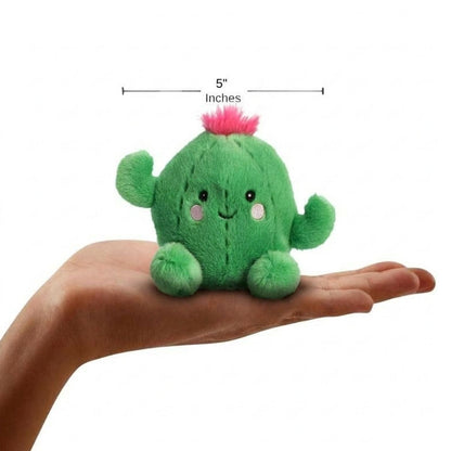 The miniature Prickles Cactus plush sitting balanced in an open human hand under a 5-inch height graphic indicator.