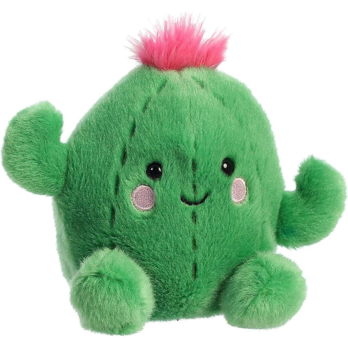 Aurora 5-inch Palm Pals Prickles Cactus plush toy sitting at an angle showing its round green body, vertical ridge stitching, waving arms, and a spiky hot-pink top flower.