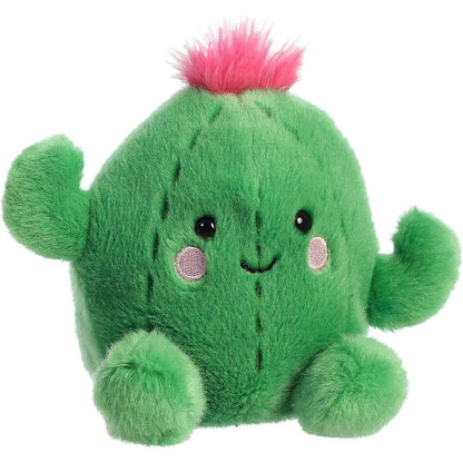 Aurora 5-inch Palm Pals Prickles Cactus plush toy sitting at an angle showing its round green body, vertical ridge stitching, waving arms, and a spiky hot-pink top flower.