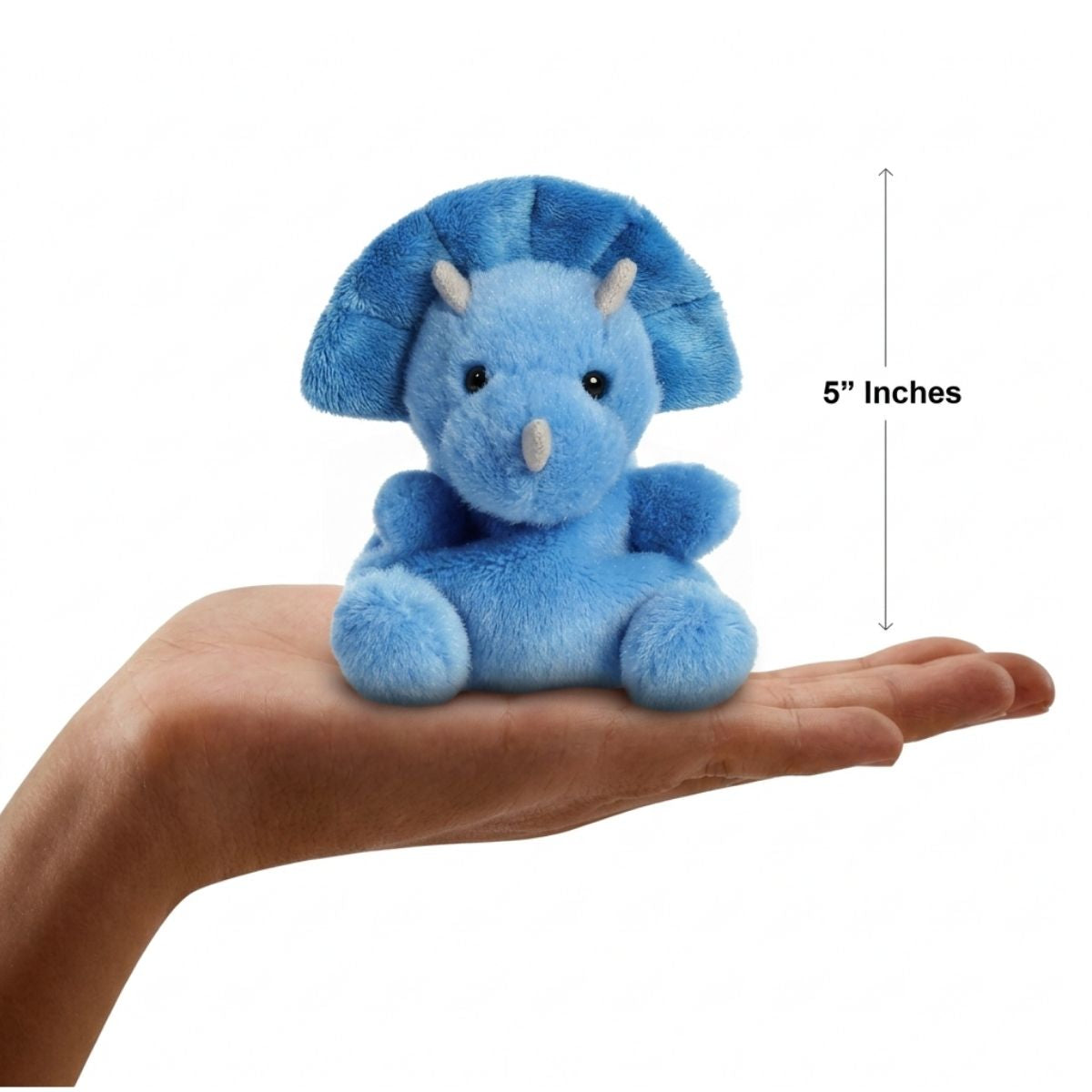 The miniature Tank Triceratops plush sitting balanced in an open human hand under a 5-inch height graphic indicator.