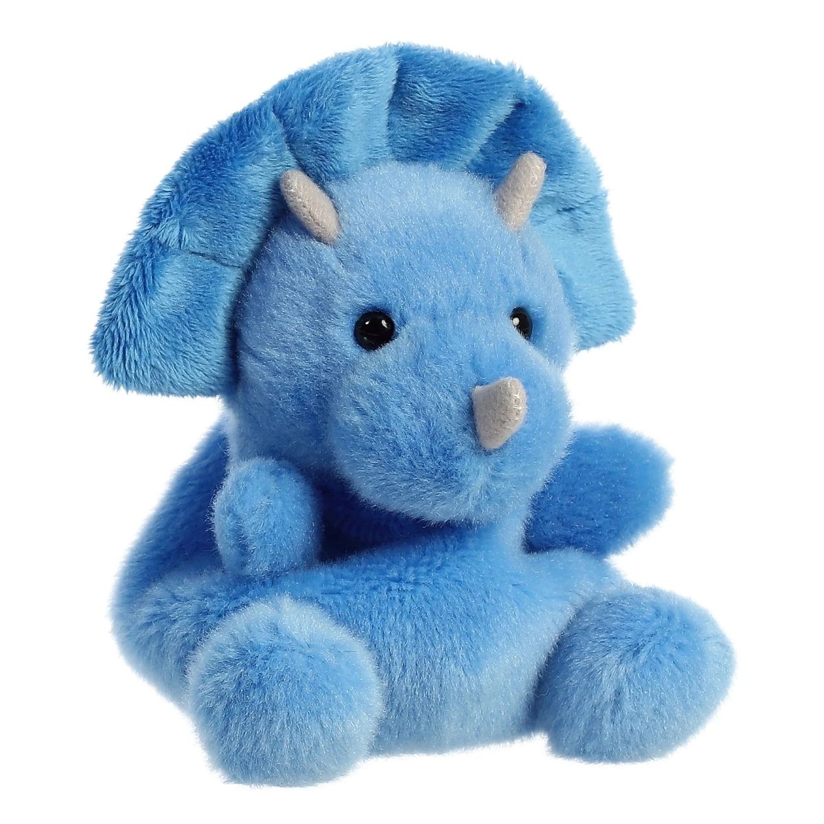 Aurora 5-inch Palm Pals Tank Triceratops plush toy showing its vibrant blue body, prominent neck frill, three soft grey horns, and dark safety eyes.