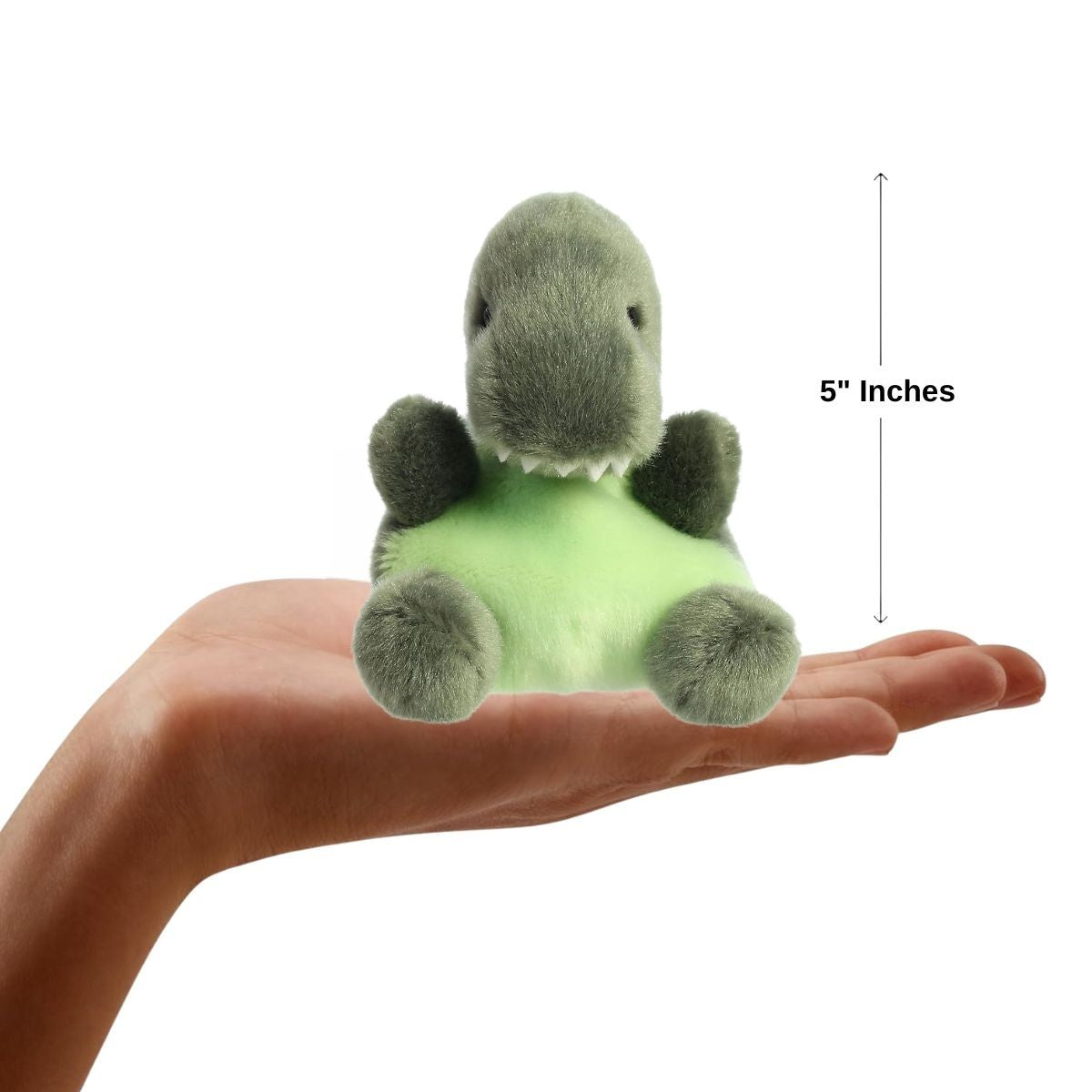 Sizing graphic for the Aurora Palm Pals Tyranno Rex plush showing it sitting perfectly in the palm of a hand, indicating a total height of 5 inches.