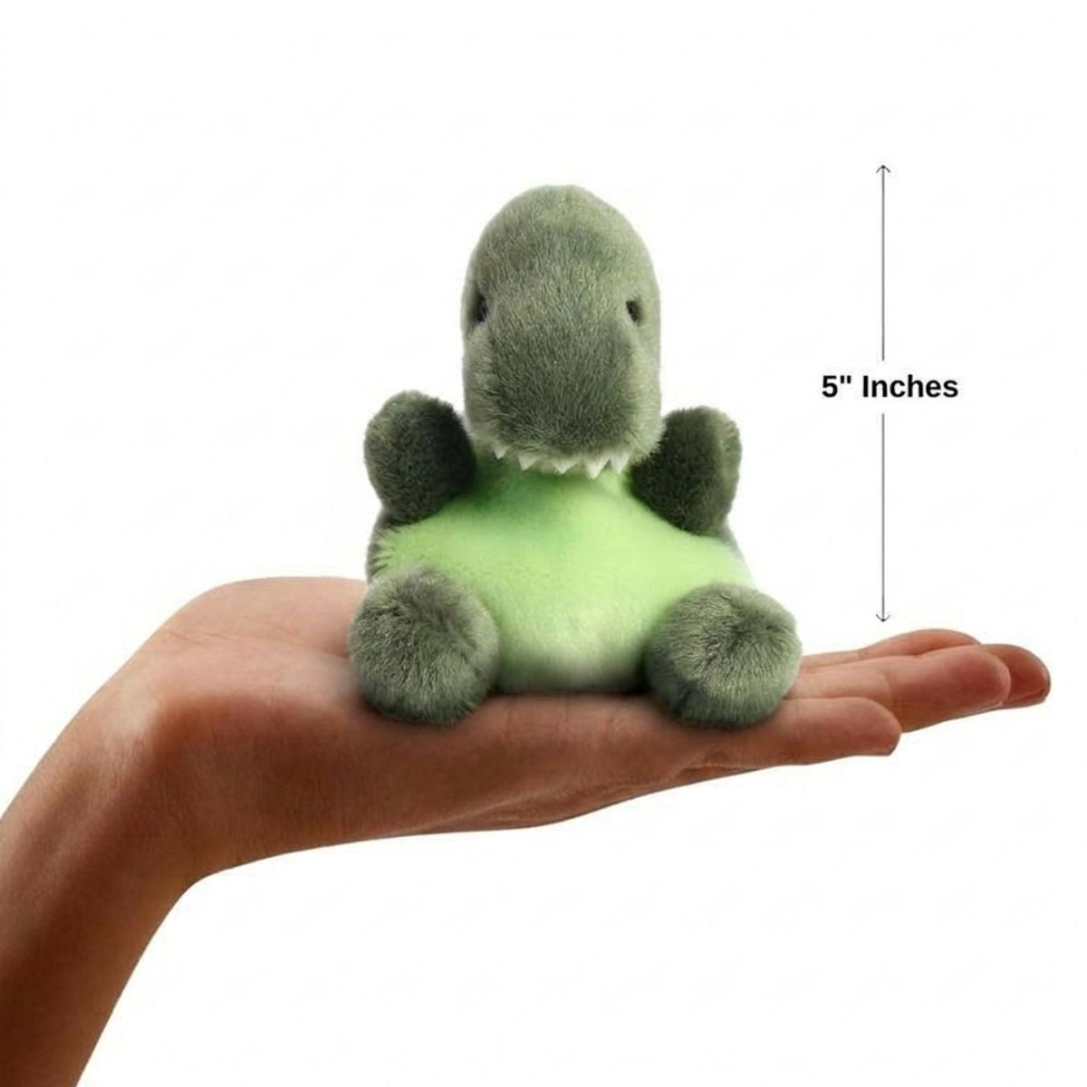 Sizing graphic for the Aurora Palm Pals Tyranno Rex plush showing it sitting perfectly in the palm of a hand, indicating a total height of 5 inches.