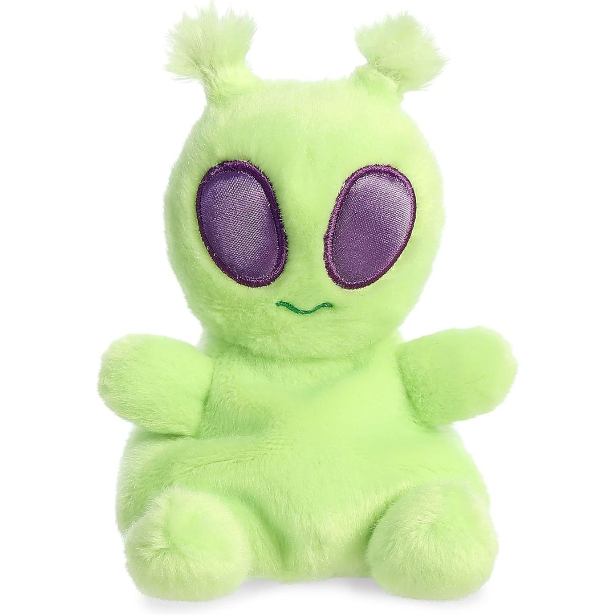 Front view thumbnail of the cute lime-green Ross Alien plush sitting straight, highlighting its large glossy purple eyes and tiny stitched mouth.