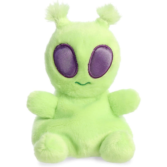 Front view thumbnail of the cute lime-green Ross Alien plush sitting straight, highlighting its large glossy purple eyes and tiny stitched mouth.