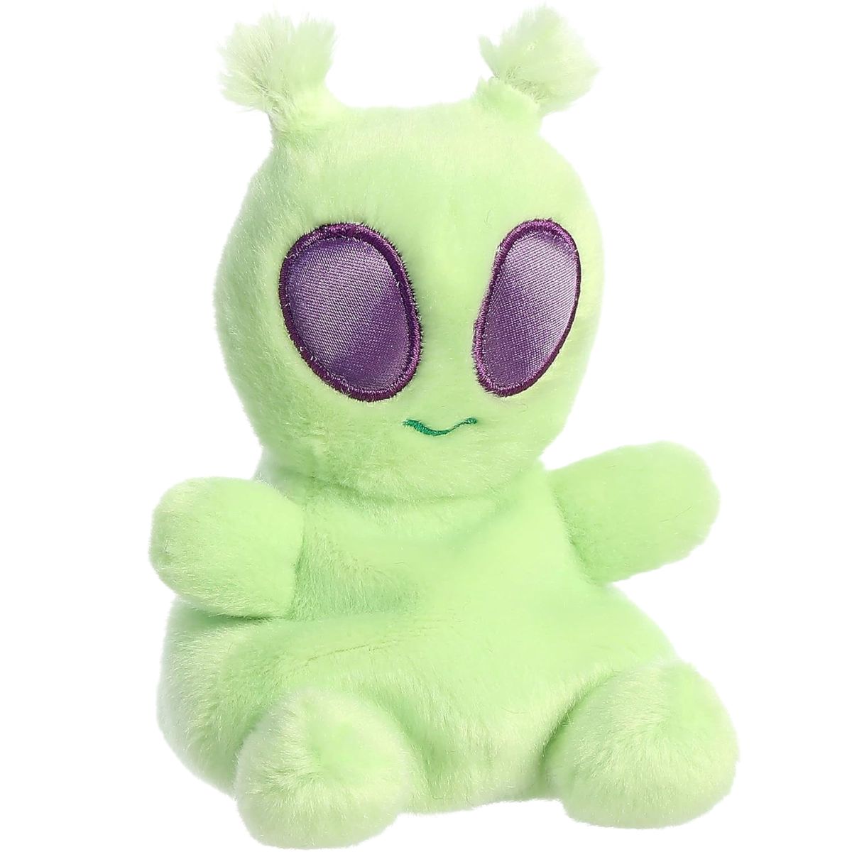 Aurora 5-inch Palm Pals Ross Alien plush toy showing its soft lime-green body, large embroidered purple oval eyes, small antennae tufts, and sitting posture.