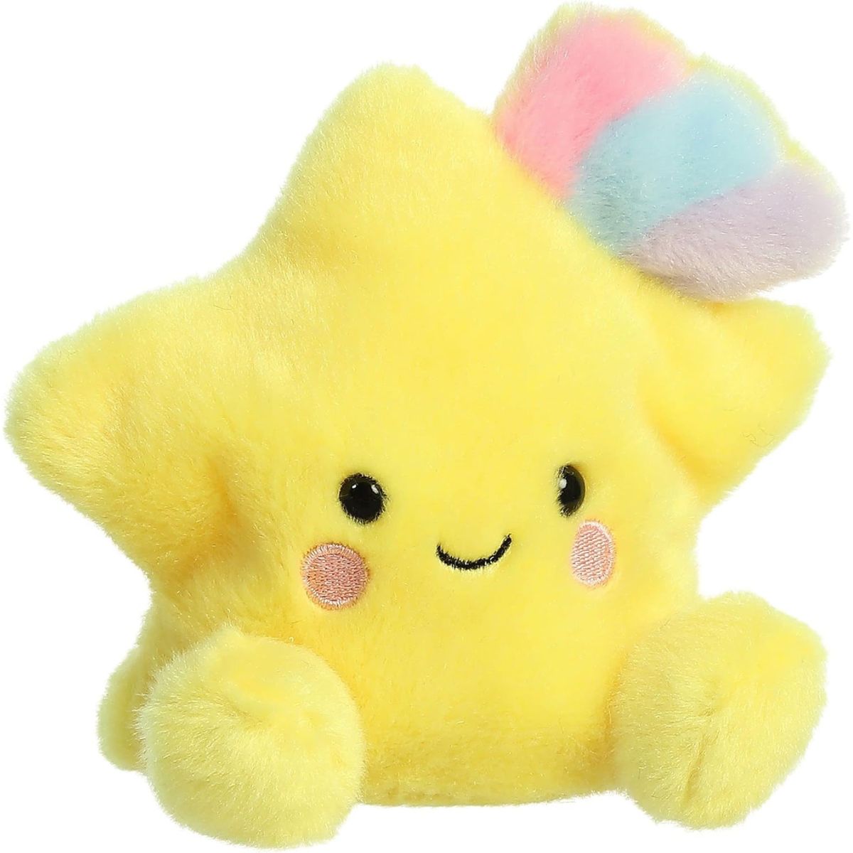 Aurora 5-inch Palm Pals Pisces Shooting Star plush toy showing its yellow five-pointed star body, small plush feet, smiling face, and pastel rainbow tail.