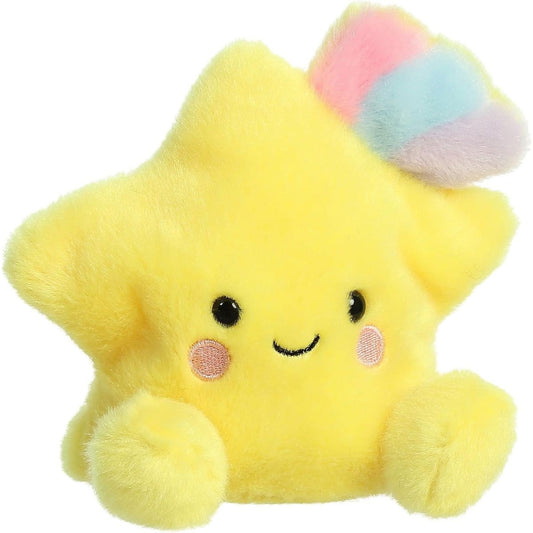 Aurora 5-inch Palm Pals Pisces Shooting Star plush toy showing its yellow five-pointed star body, small plush feet, smiling face, and pastel rainbow tail.