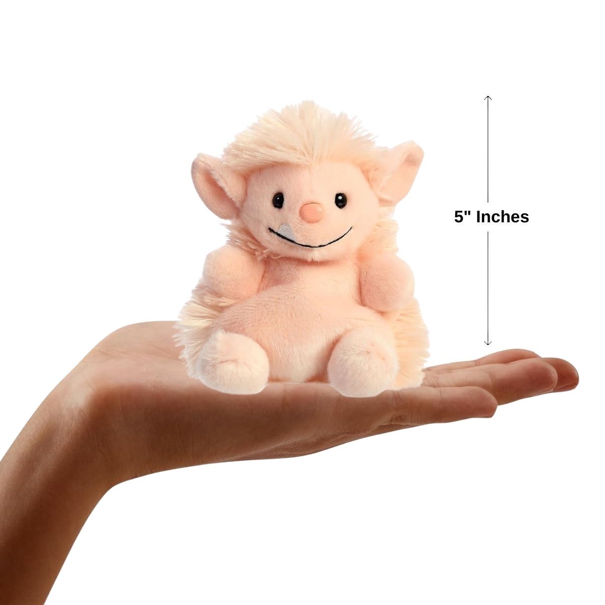 The miniature Moh Ogre plush sitting balanced in an open human hand under a 5-inch height graphic indicator.