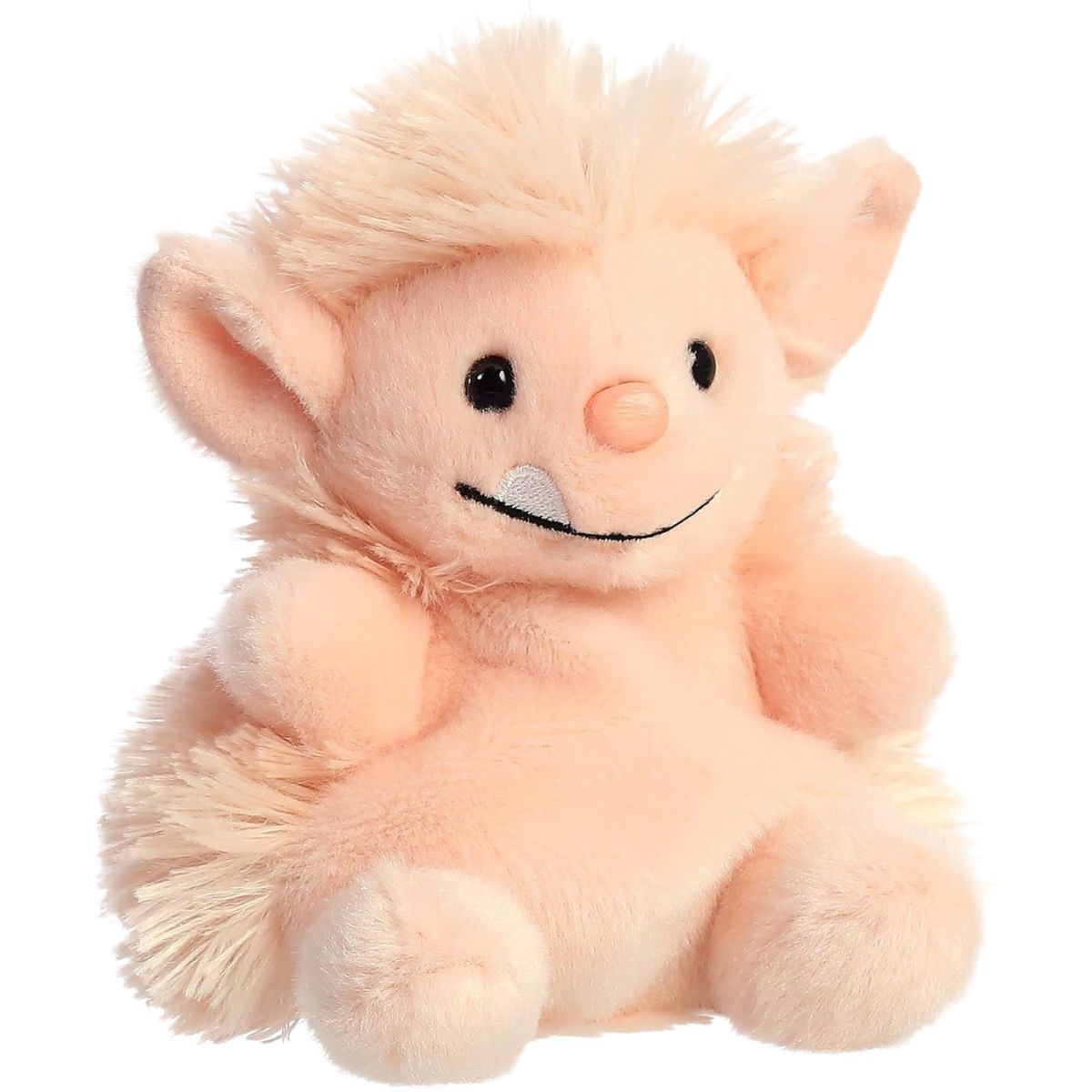 Aurora 5-inch Palm Pals Moh Ogre plush toy showing its soft peach-colored body, shaggy fuzzy hair mane, pointed ears, round nose, and smiling face with a single white tooth.