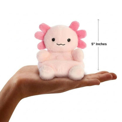 The miniature Ax Axolotl plush sitting balanced in an open human hand under a 5-inch height graphic indicator.