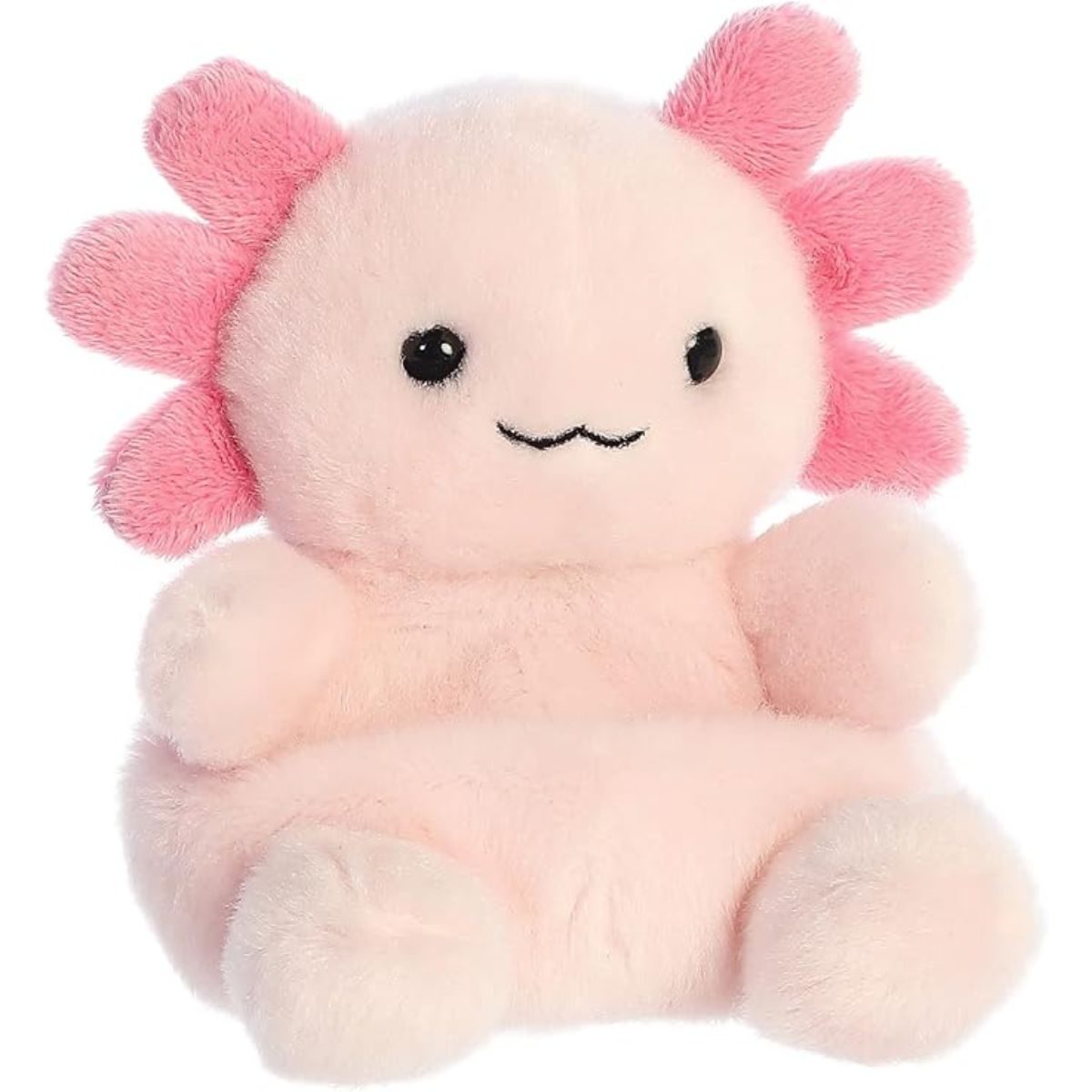 Aurora 5-inch Palm Pals Ax Axolotl plush toy showing its soft blush pink body, six prominent dark pink gill frills, glossy black eyes, and a happy wavy stitched smile.