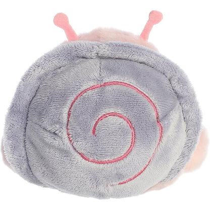 Rear thumbnail view of the Aurora snail stuffed toy displaying the detailed spiral embroidered pattern on its lavender-grey shell.
