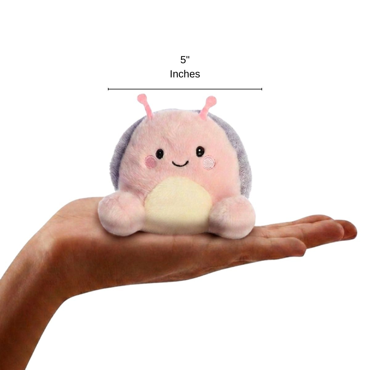 The miniature Shelby Snail plush sitting balanced in an open human hand under a 5-inch height graphic indicator.