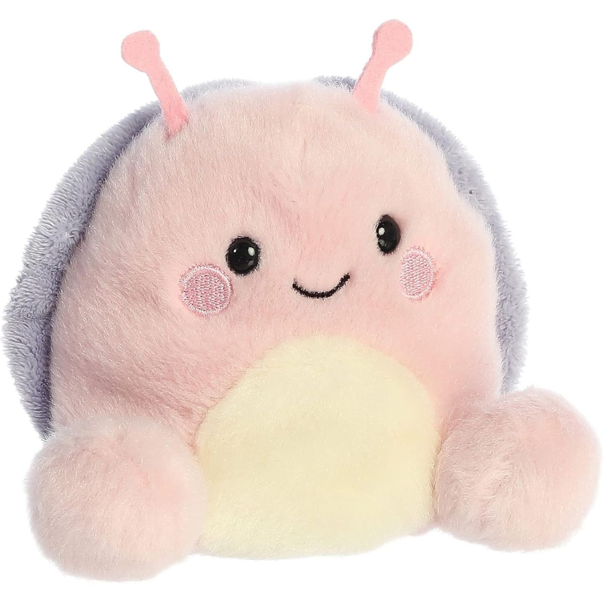Aurora 5-inch Palm Pals Shelby Snail plush toy sitting at an angle showing its pastel pink body, cream belly, and lavender-grey shell.
