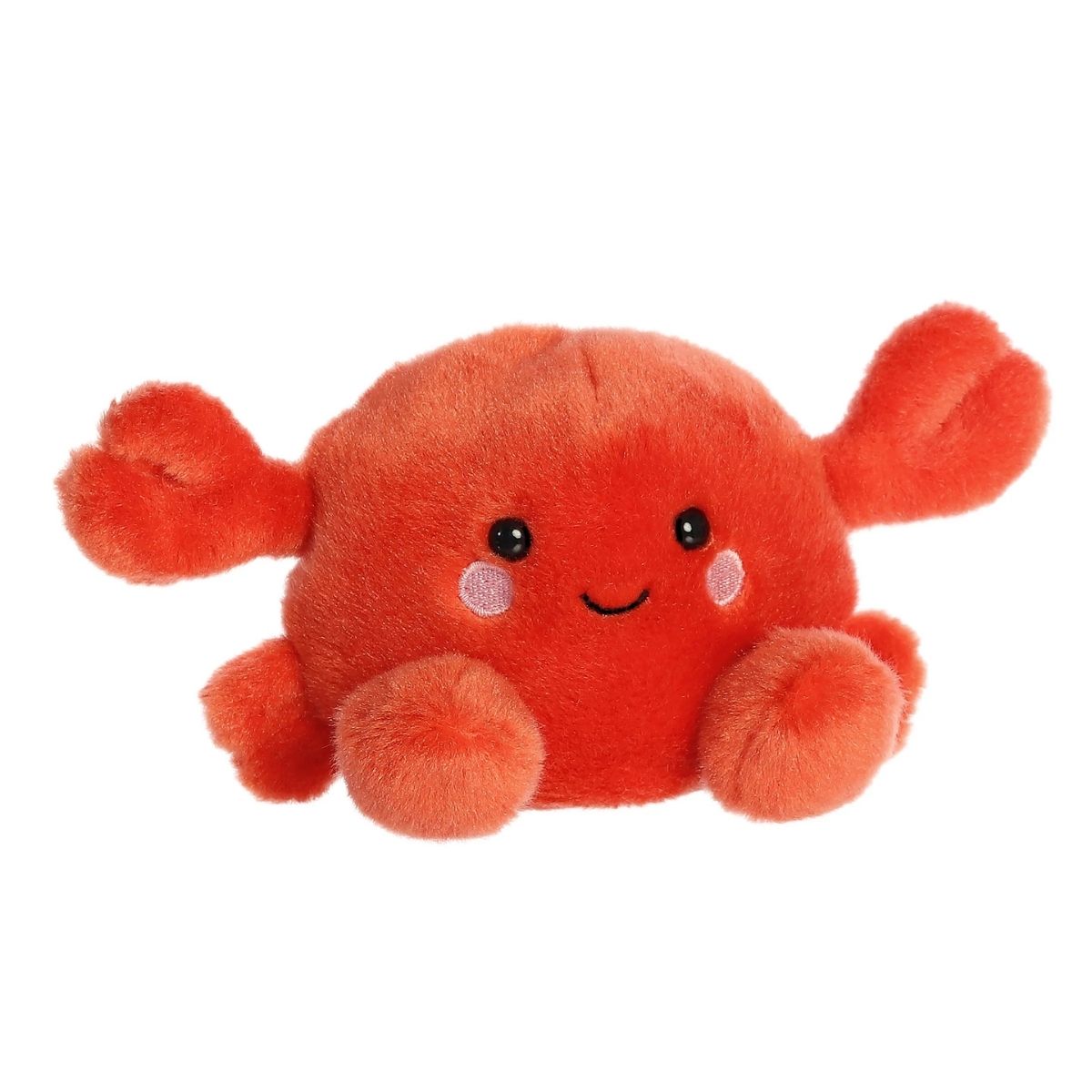 Aurora 5-inch Palm Pals Snippy Crab plush toy sitting forward showing its bright coral-red body, raised open claws, and a happy smiling face with rosy cheeks.